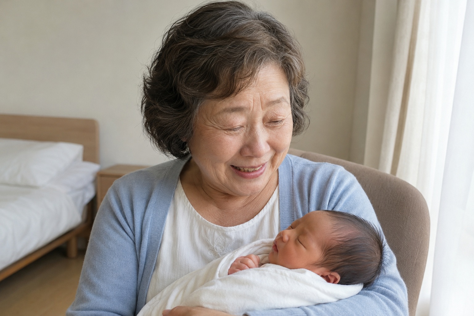 生まれたばかりの孫を抱く房子