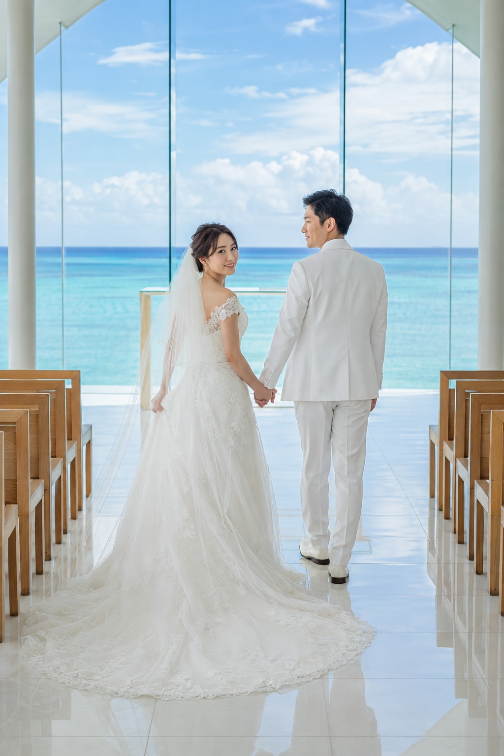 祭壇へ向かって歩く新郎新婦