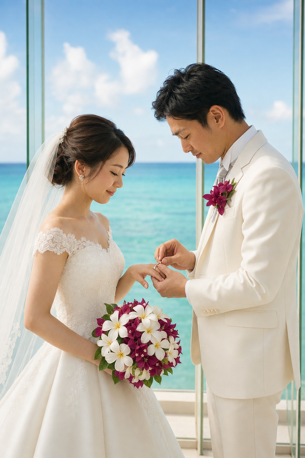 指輪を交換する新郎新婦