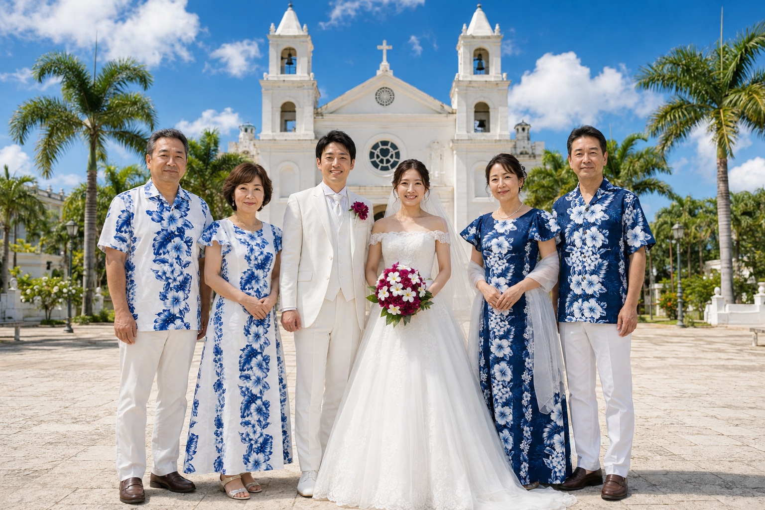 大聖堂の前に並ぶ新郎新婦と両家の父母