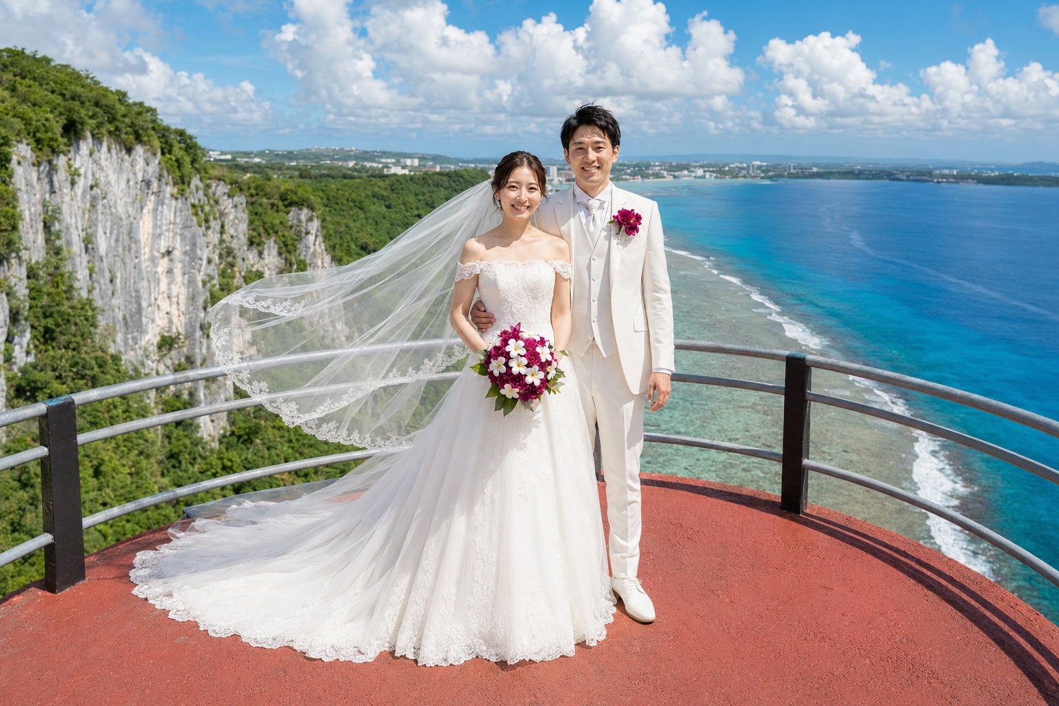 断崖の展望台に立つ新郎新婦