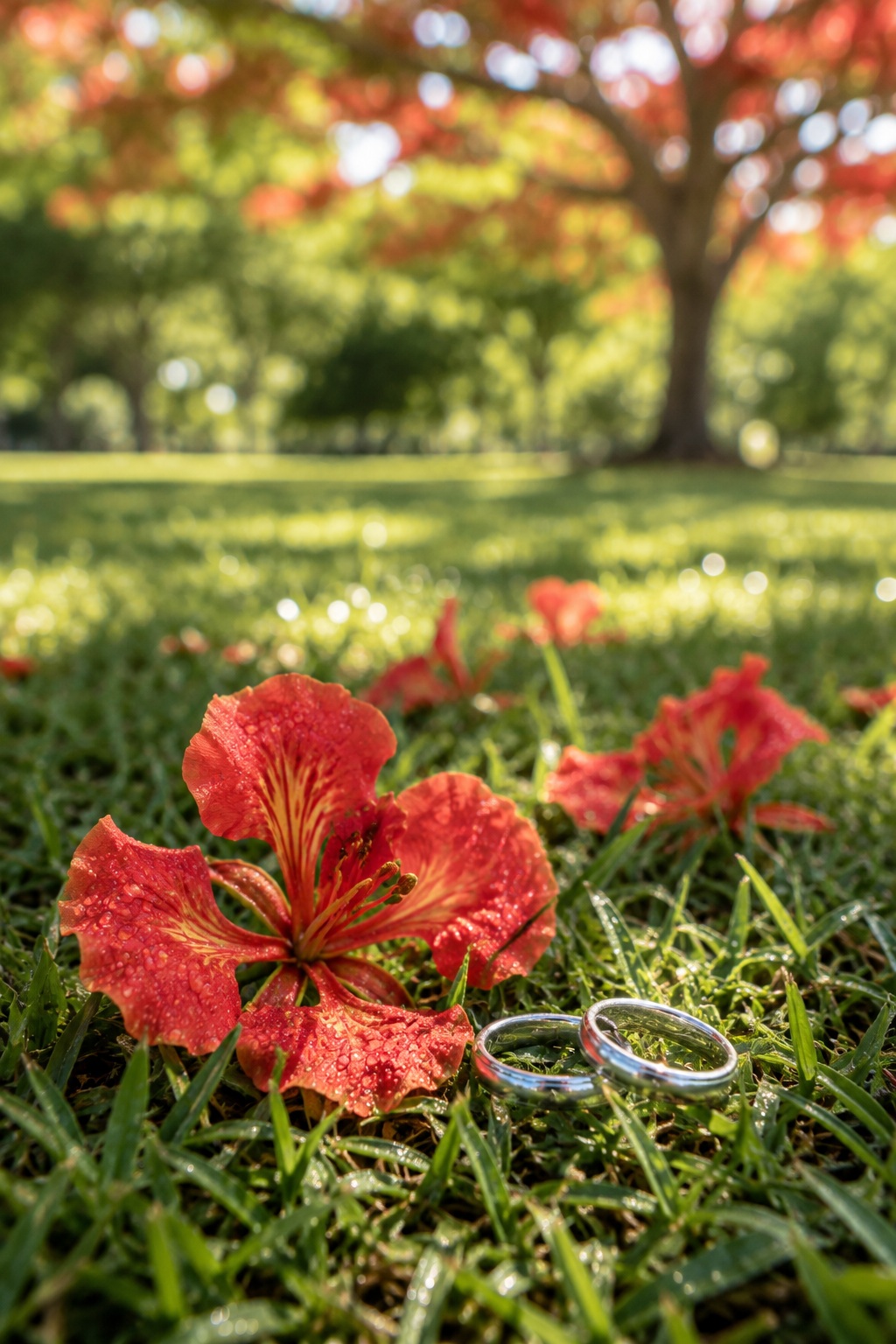 芝生に置かれた二つの結婚指輪と朱赤の花