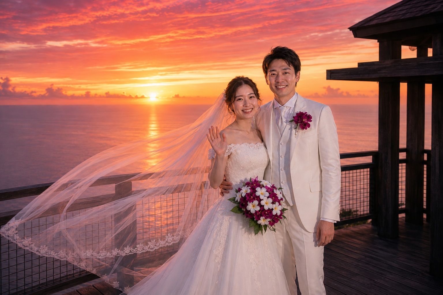 夕日を背にした新郎新婦