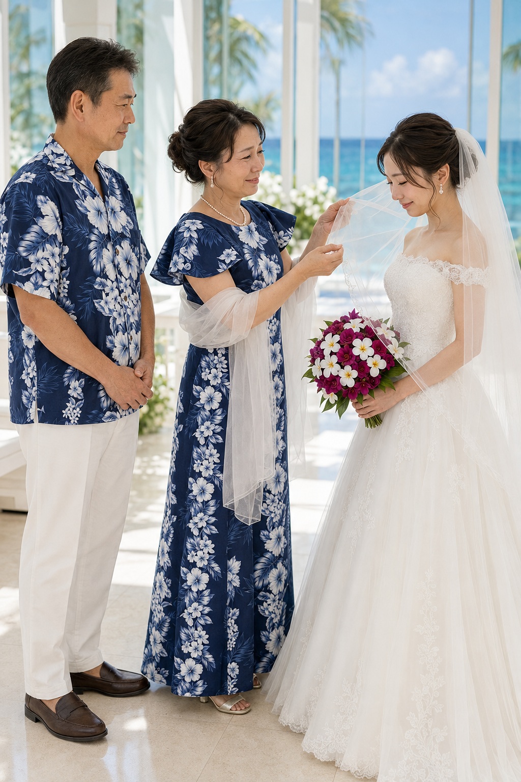 母がベールを下ろす場面
