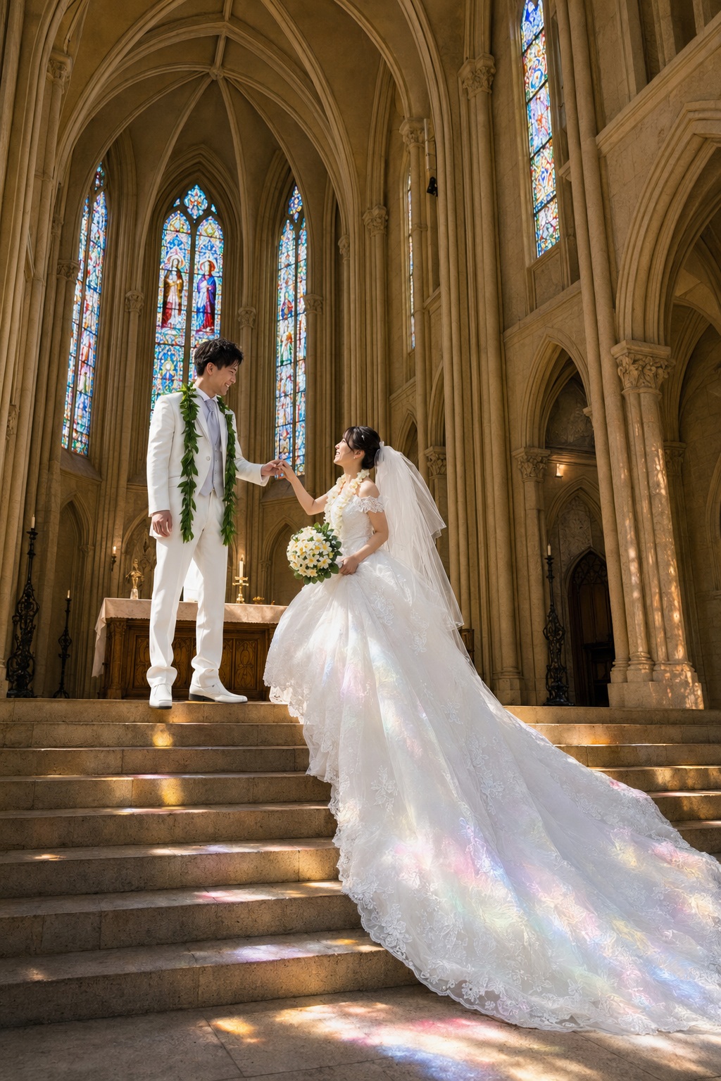 祭壇へ続く階段を上がる新婦