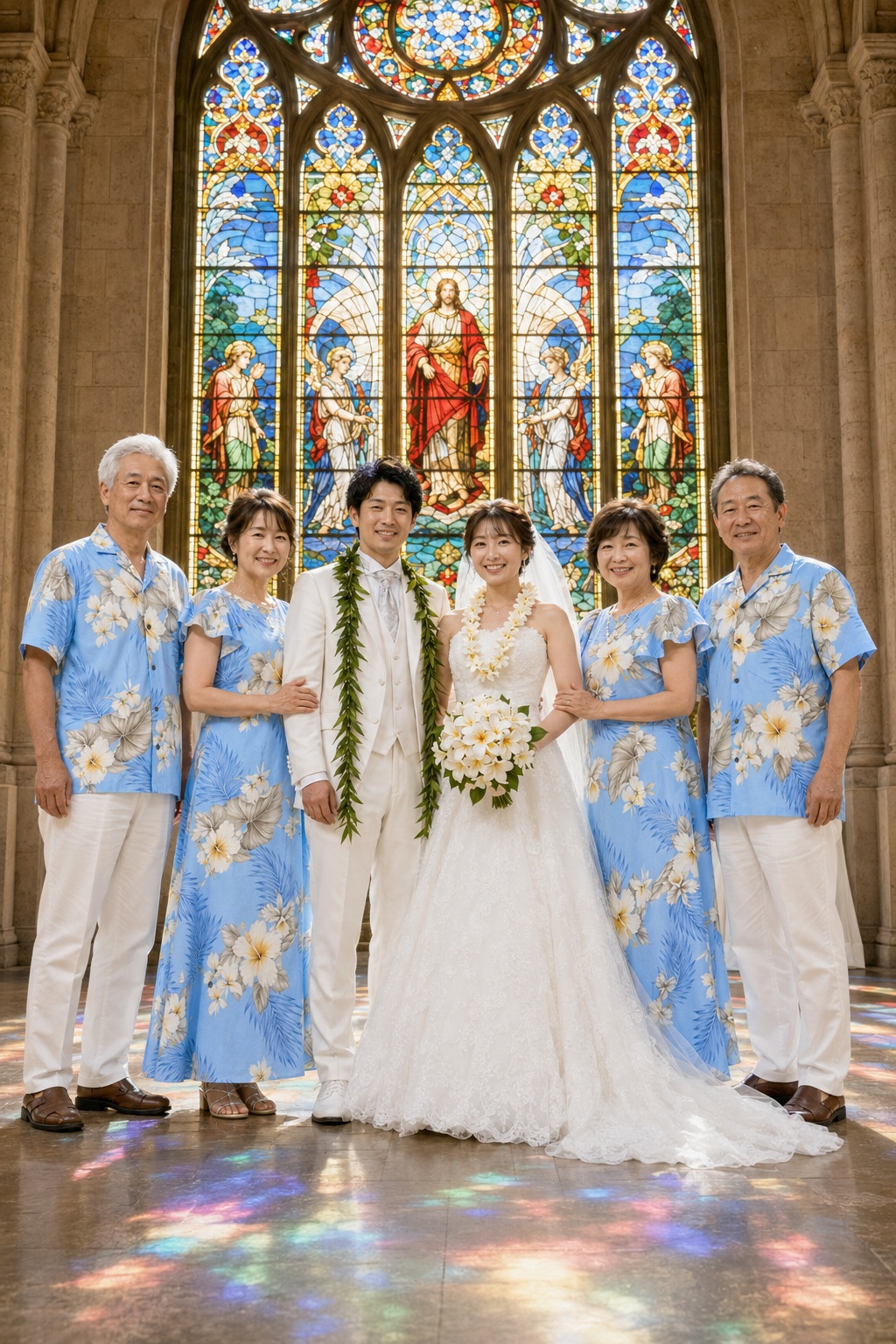 ステンドグラスを背にした新郎新婦と両家の父母