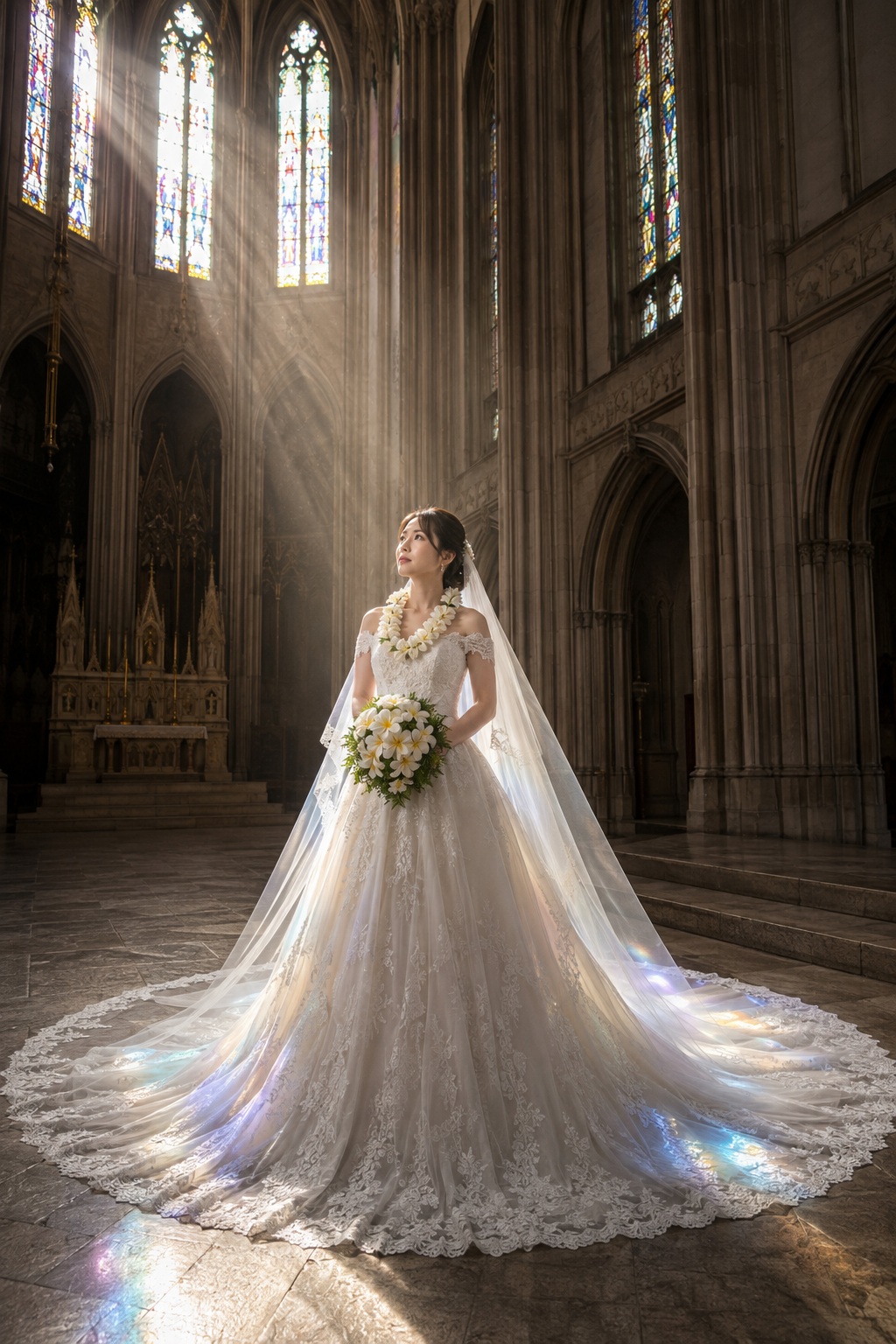 光の筋の中に立つ新婦