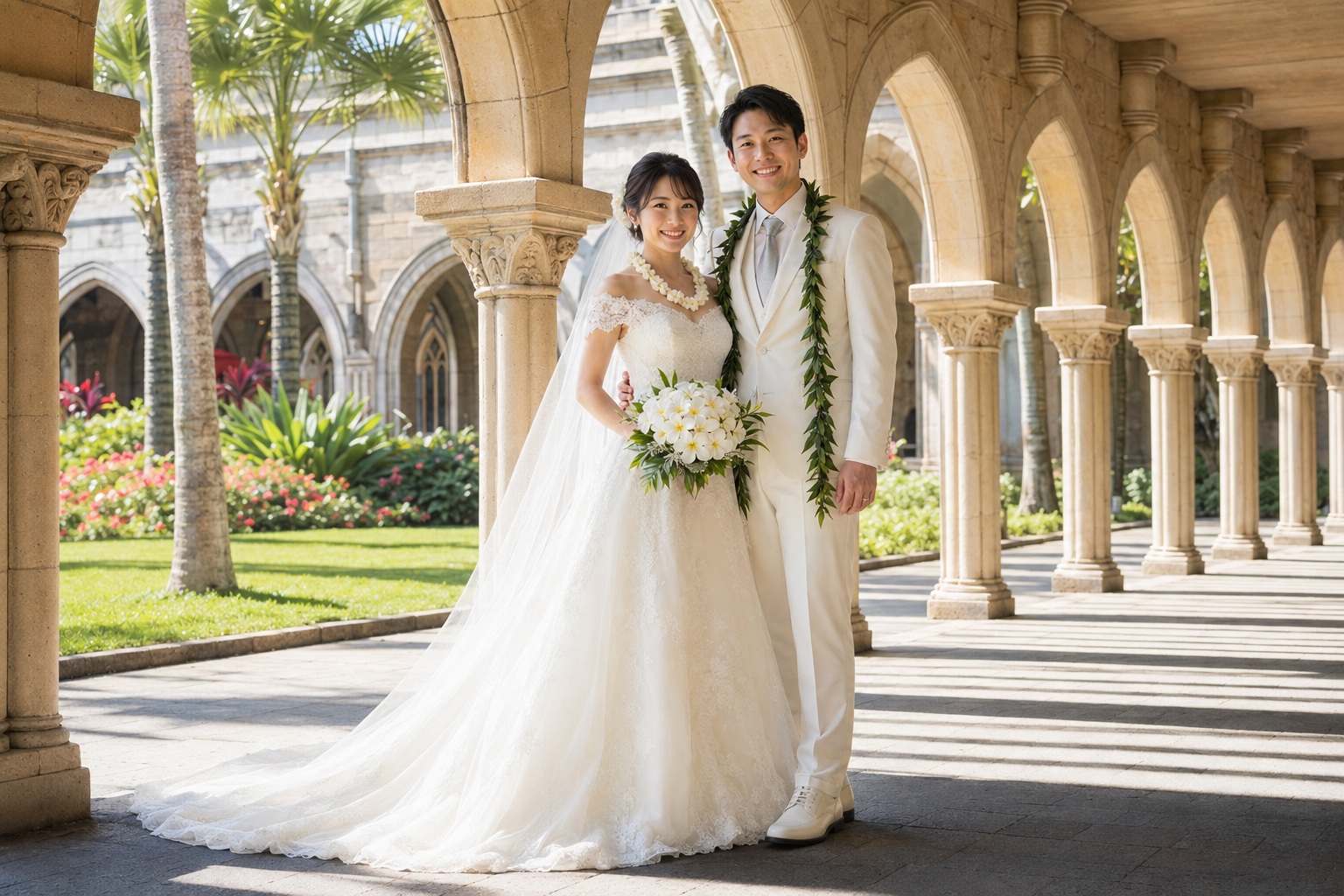 回廊に立つ新郎新婦