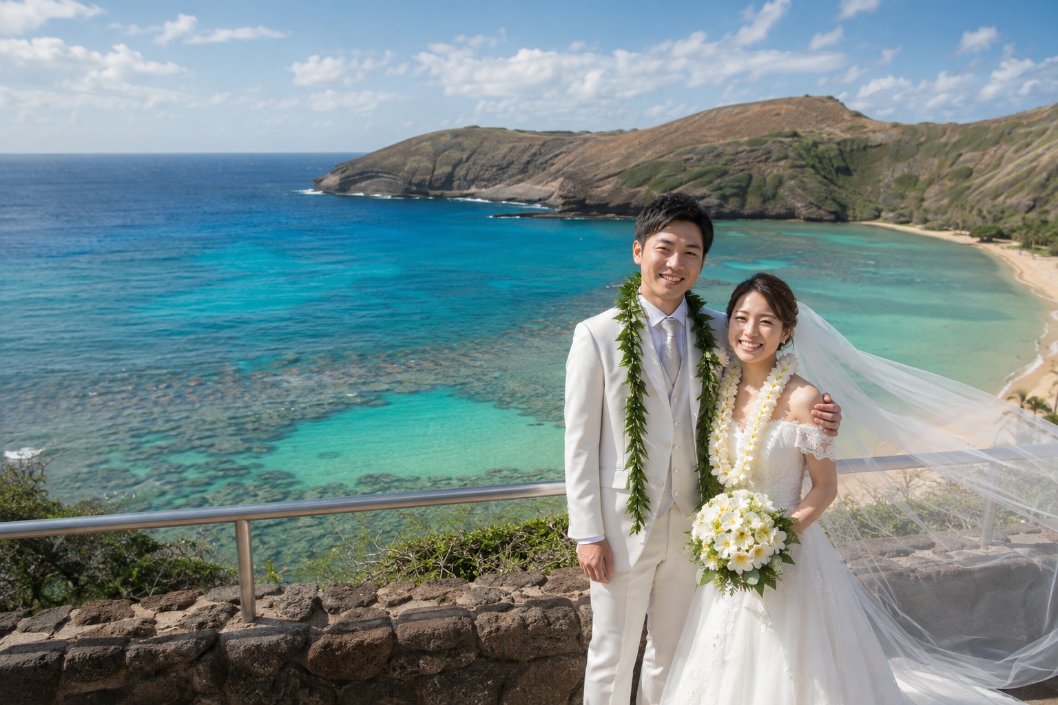 ハナウマ湾を背にした新郎新婦