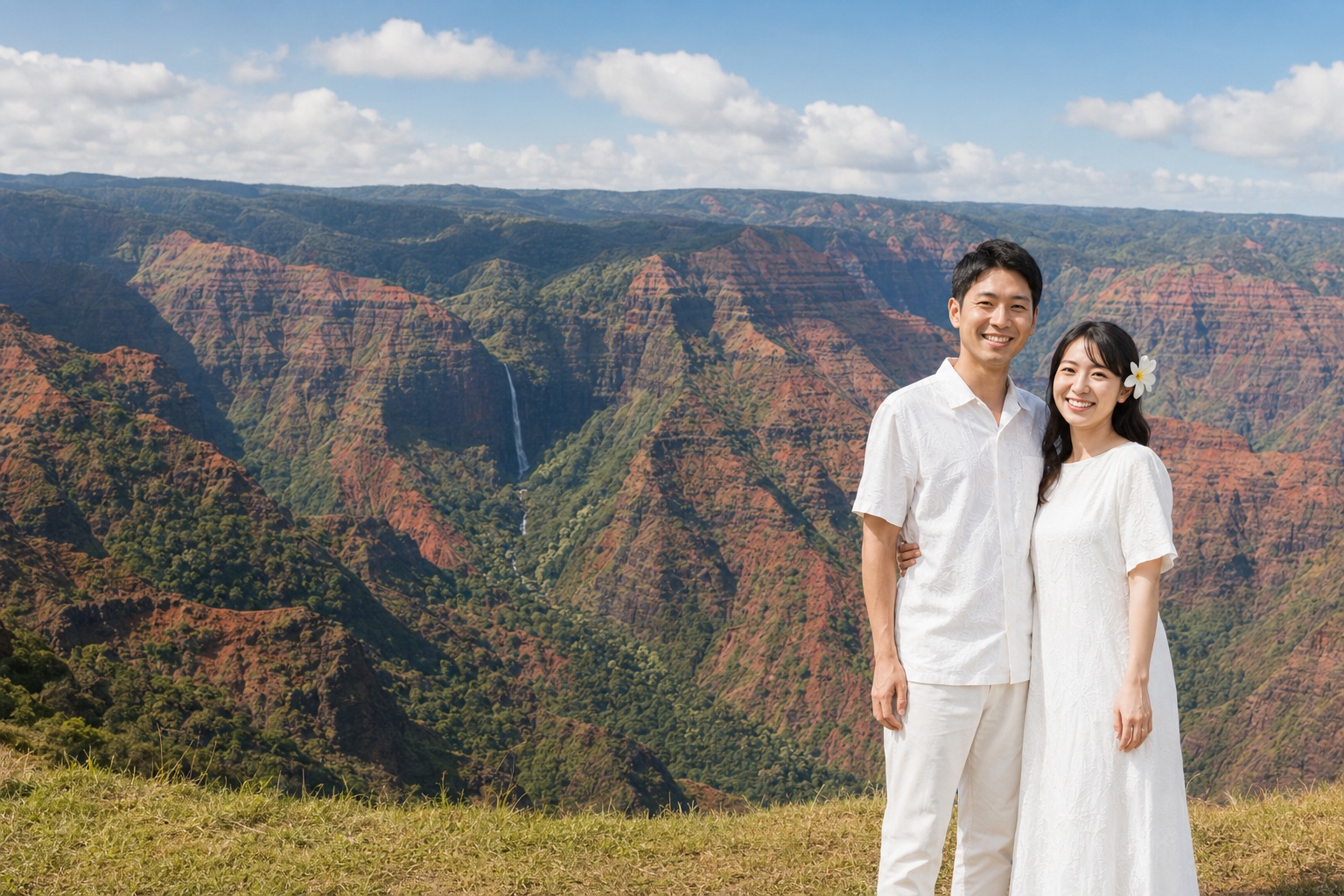 ワイメア渓谷を背にした新郎新婦