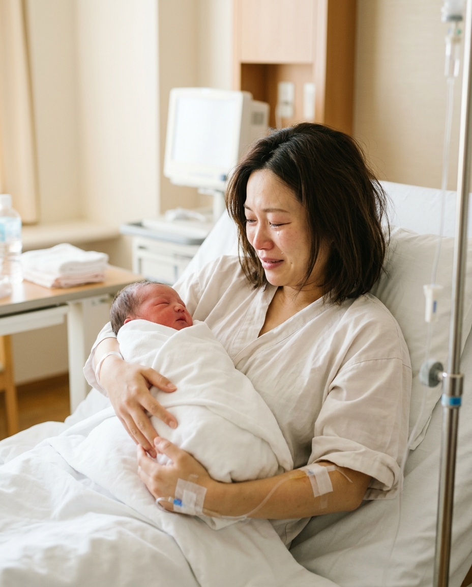 生まれたばかりの美咲を抱く母・法子と、のぞき込む父・雅也