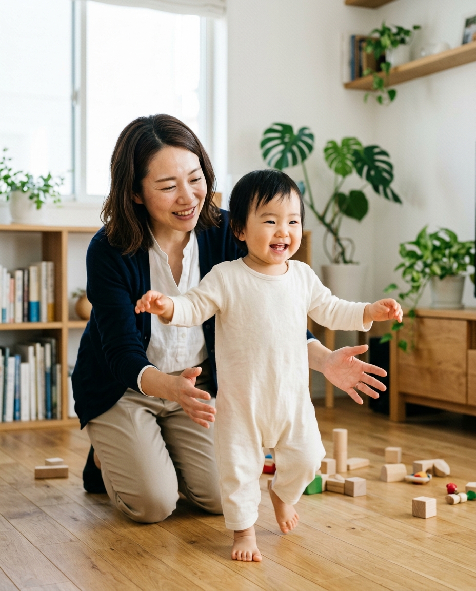 はじめて歩こうとする美咲と、後ろで手を伸ばす母・法子