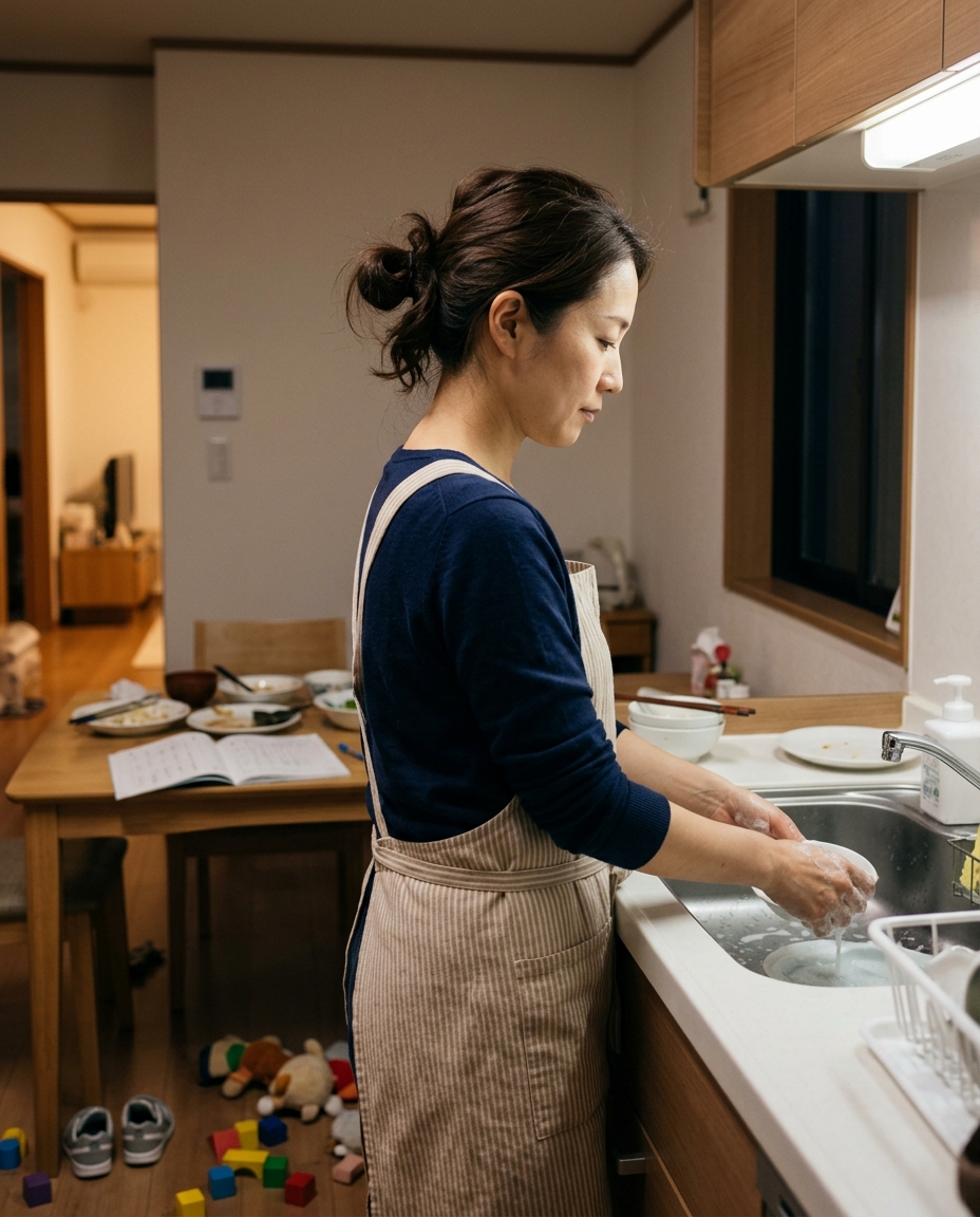 夜のキッチンで洗い物をする母・法子