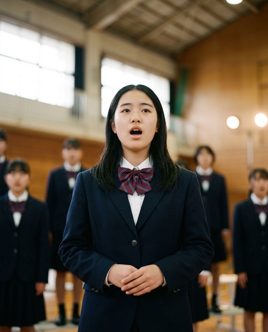 合唱コンクールのステージで歌う中学生の美咲