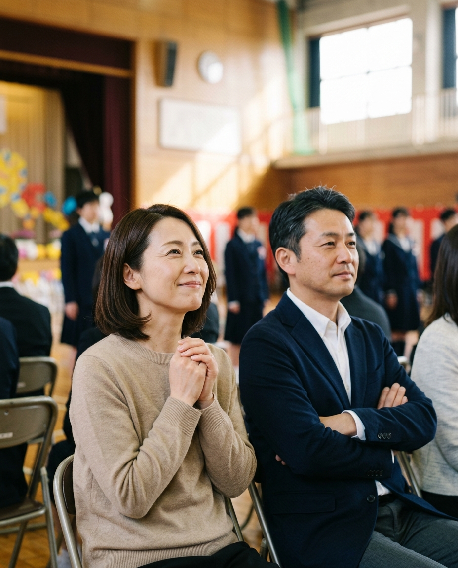 客席から静かにステージを見つめる父・雅也と母・法子