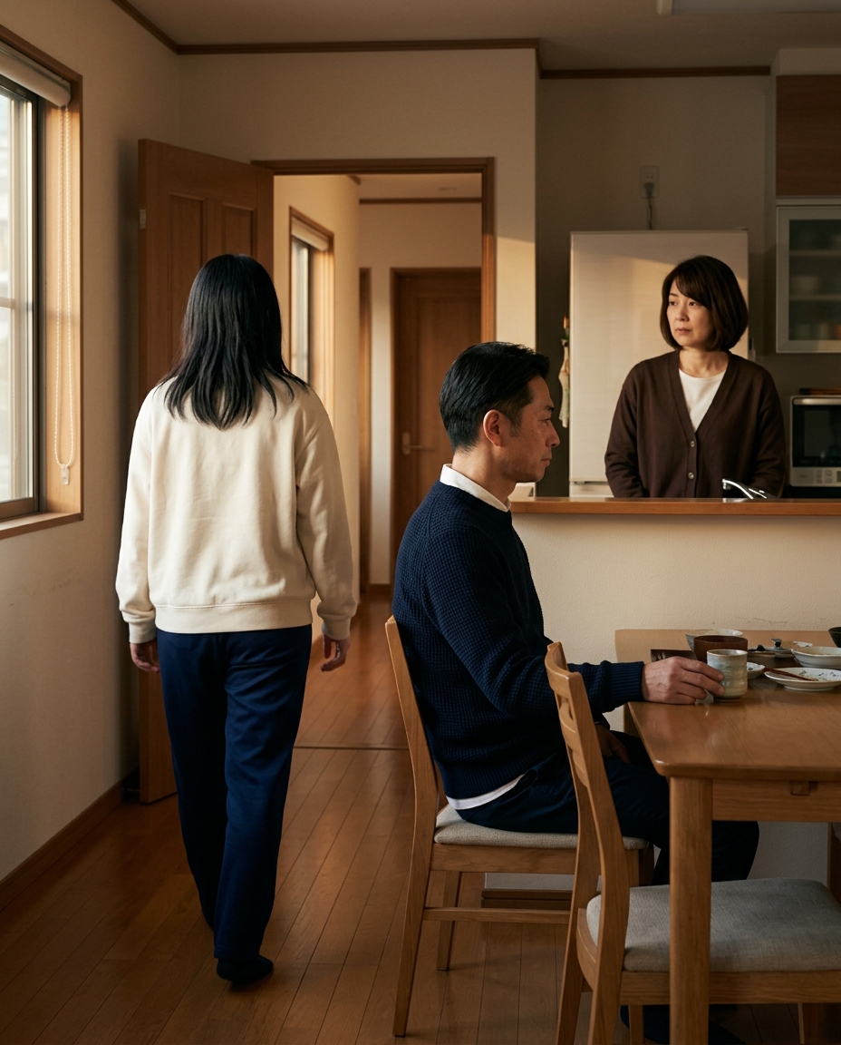 夕食後、席を立つ美咲の背中を見る父・雅也
