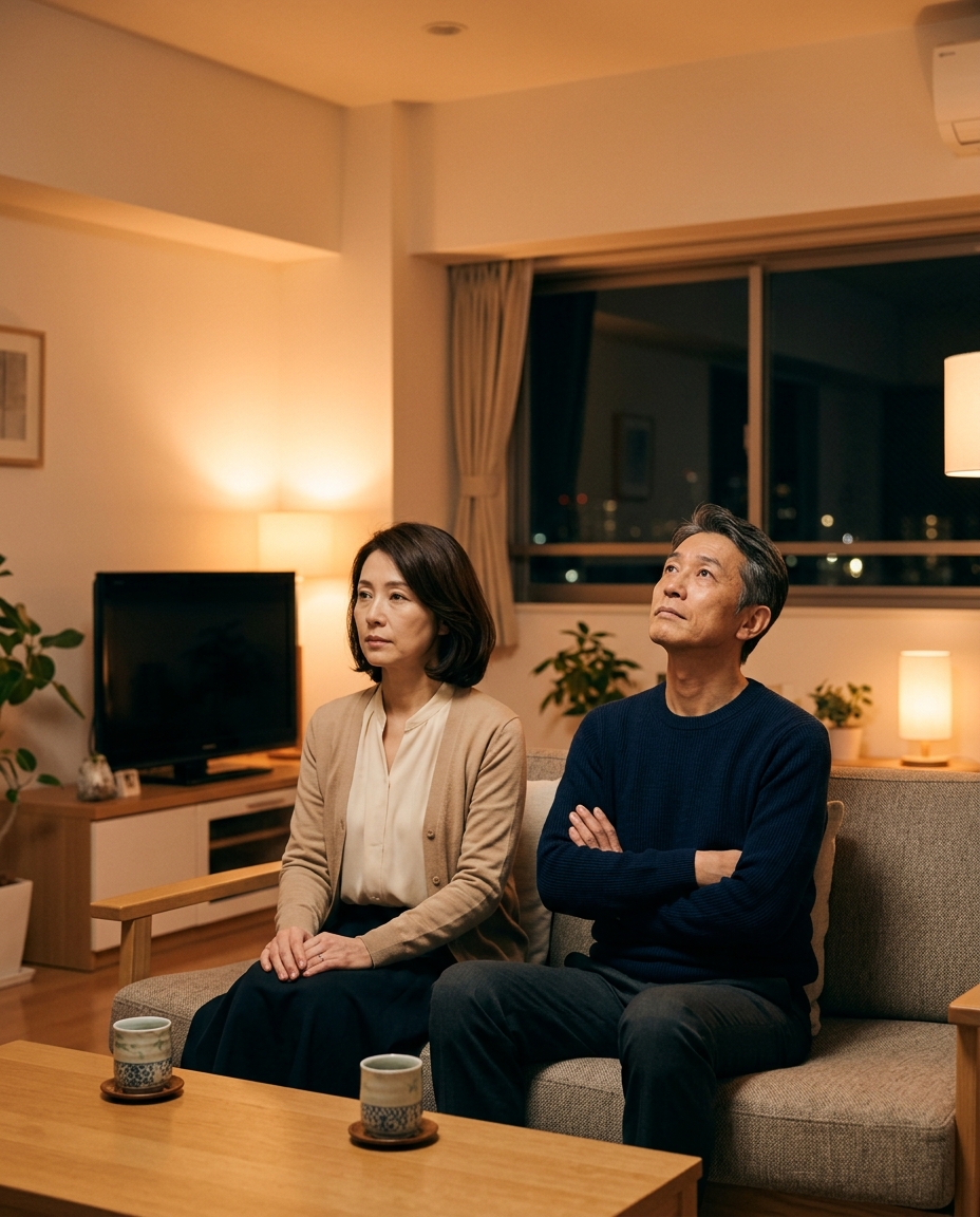 夜のリビングで並んで座る父・雅也と母・法子