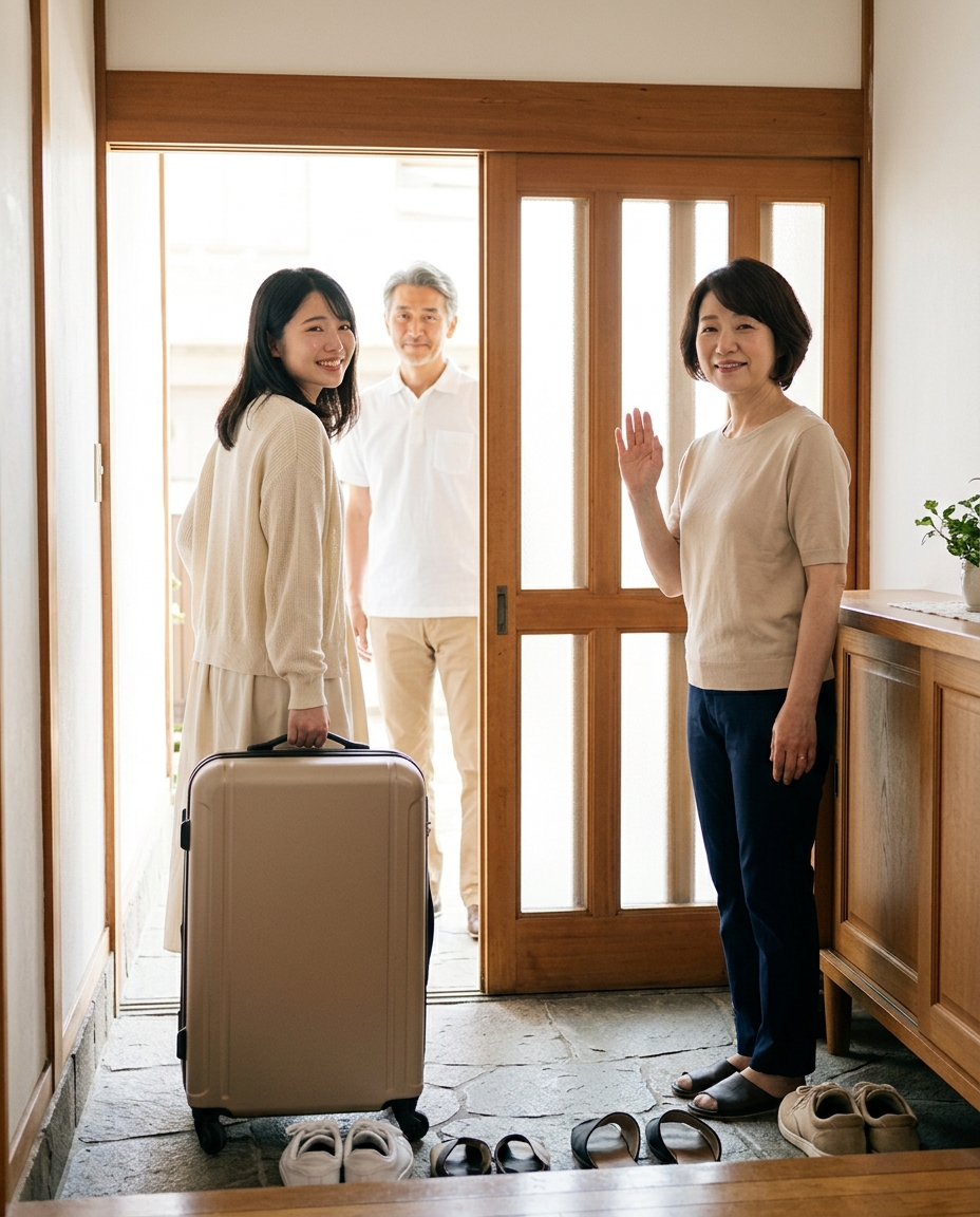 スーツケースを持ち、玄関で振り返る美咲を見送る母・法子