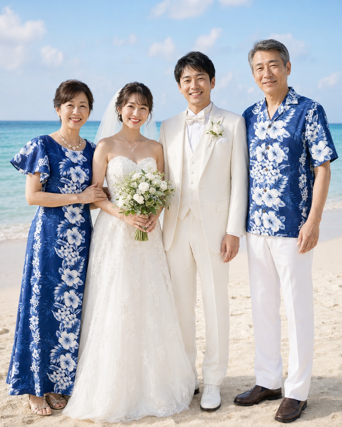 沖縄の海辺に並ぶ三浦家の家族写真