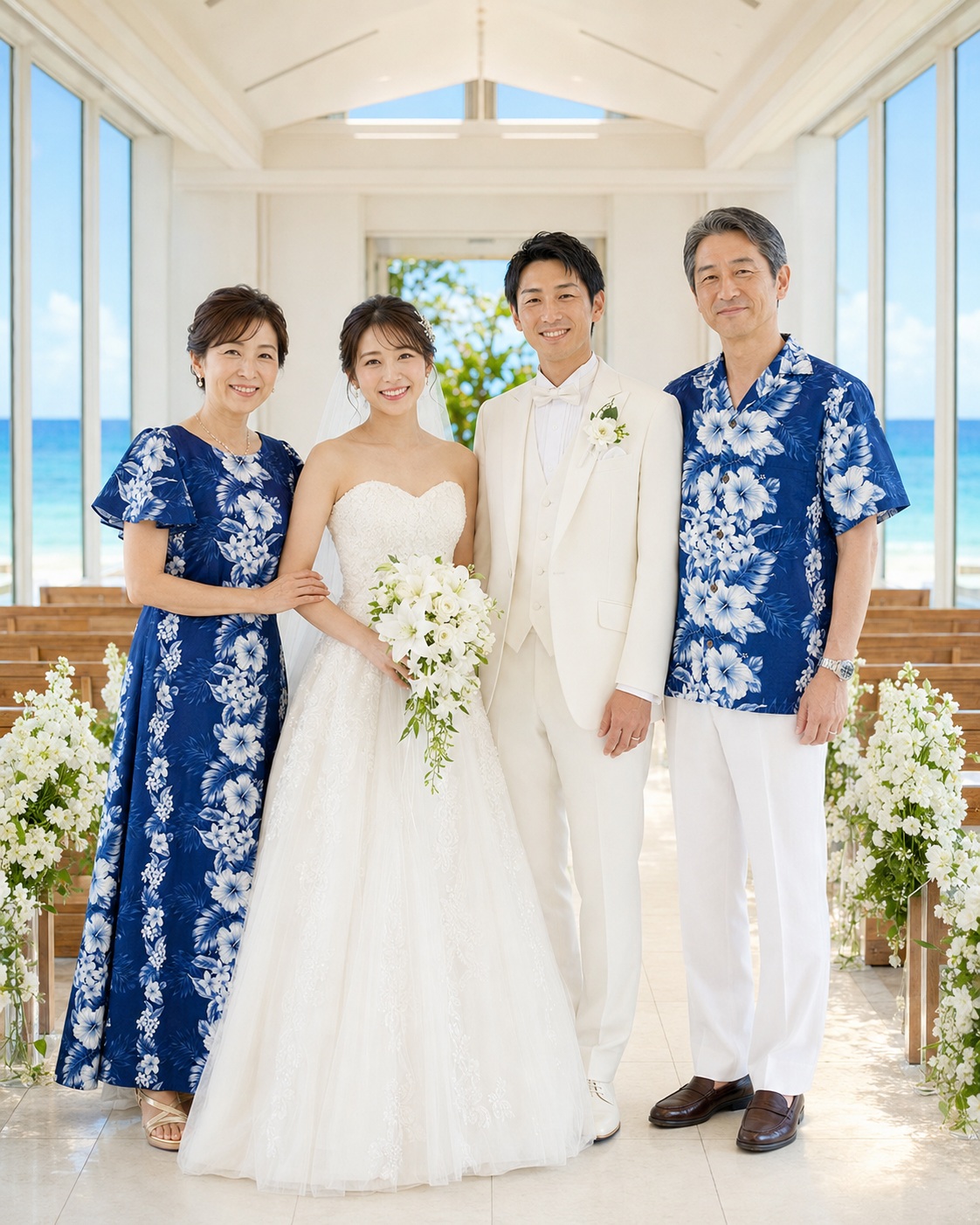 沖縄のチャペルで挙式を終えた三浦家。母・法子、長女・美咲、新郎、父・雅也