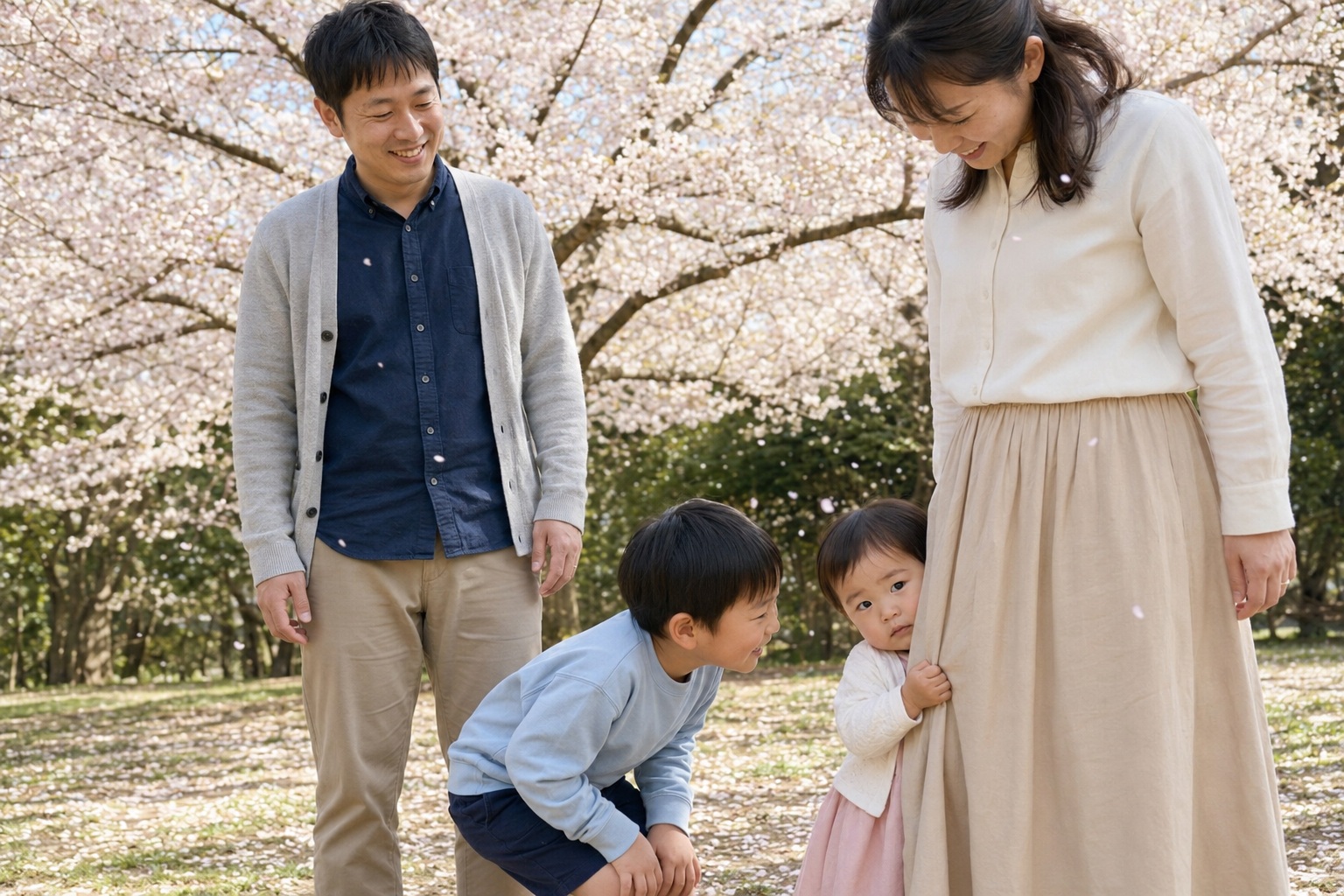 桜の下で母のスカートに隠れる莉央