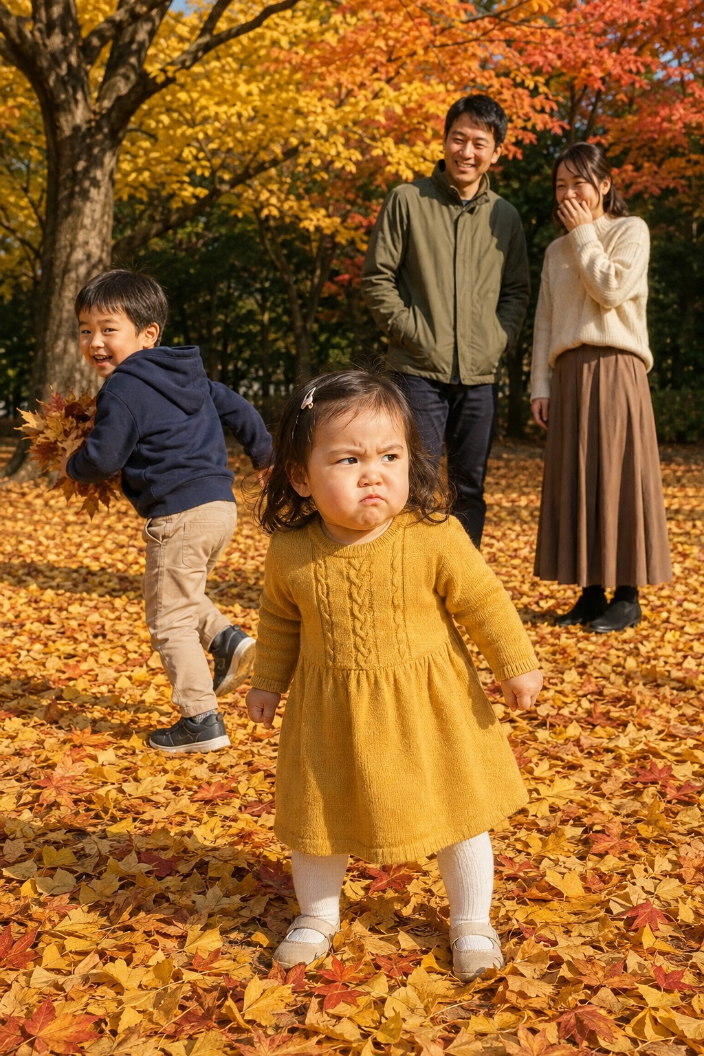 落ち葉の上でむくれる莉央