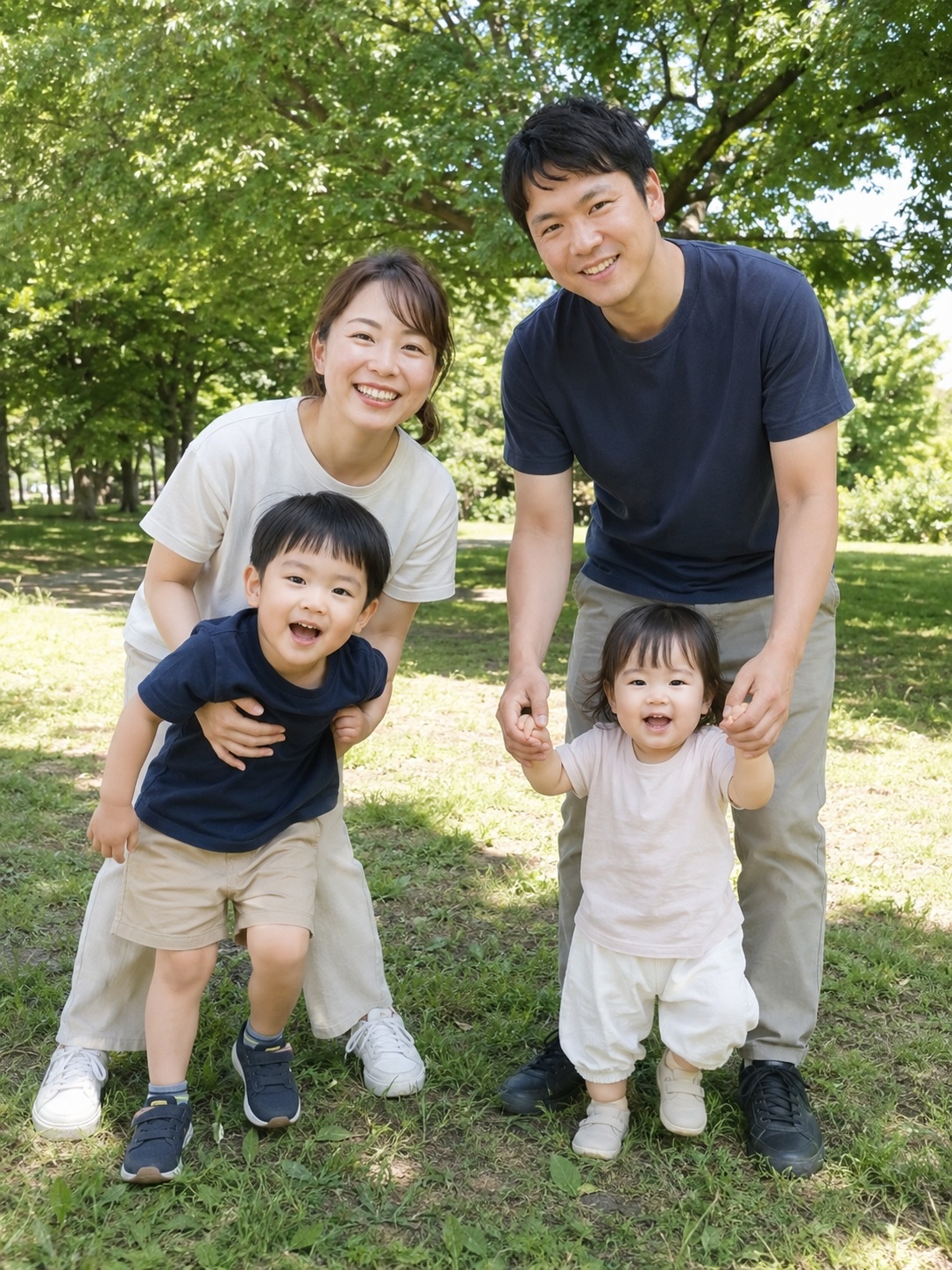 公園で笑う家族4人