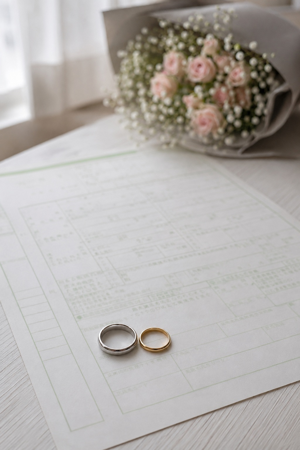 婚姻届の上に置かれた二つの結婚指輪