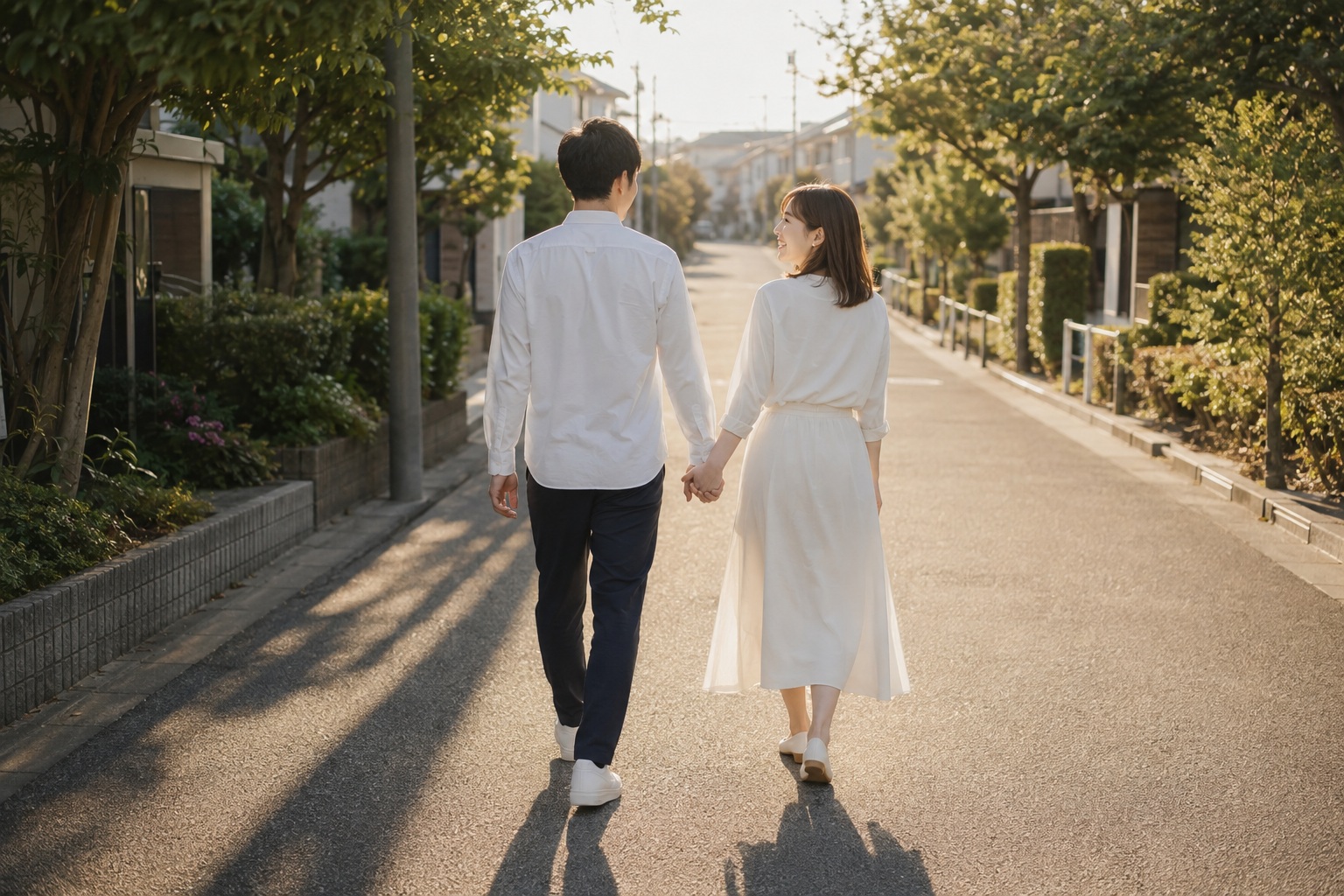 夕方の道を並んで歩く二人の後ろ姿