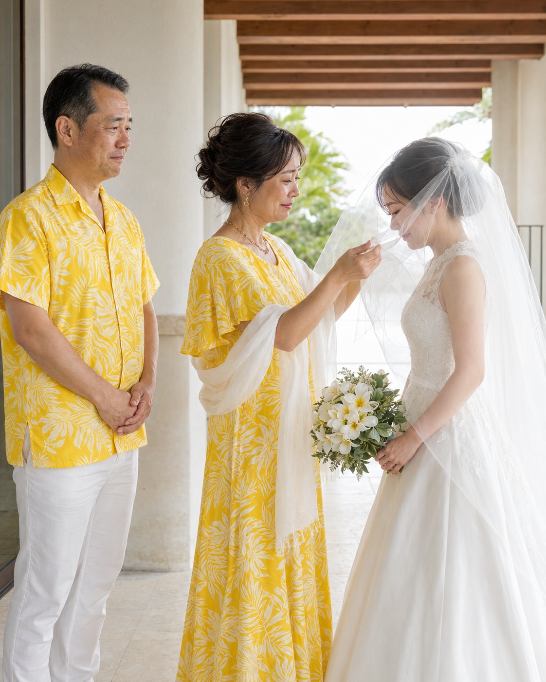 父と腕を組みバージンロードを歩く新婦