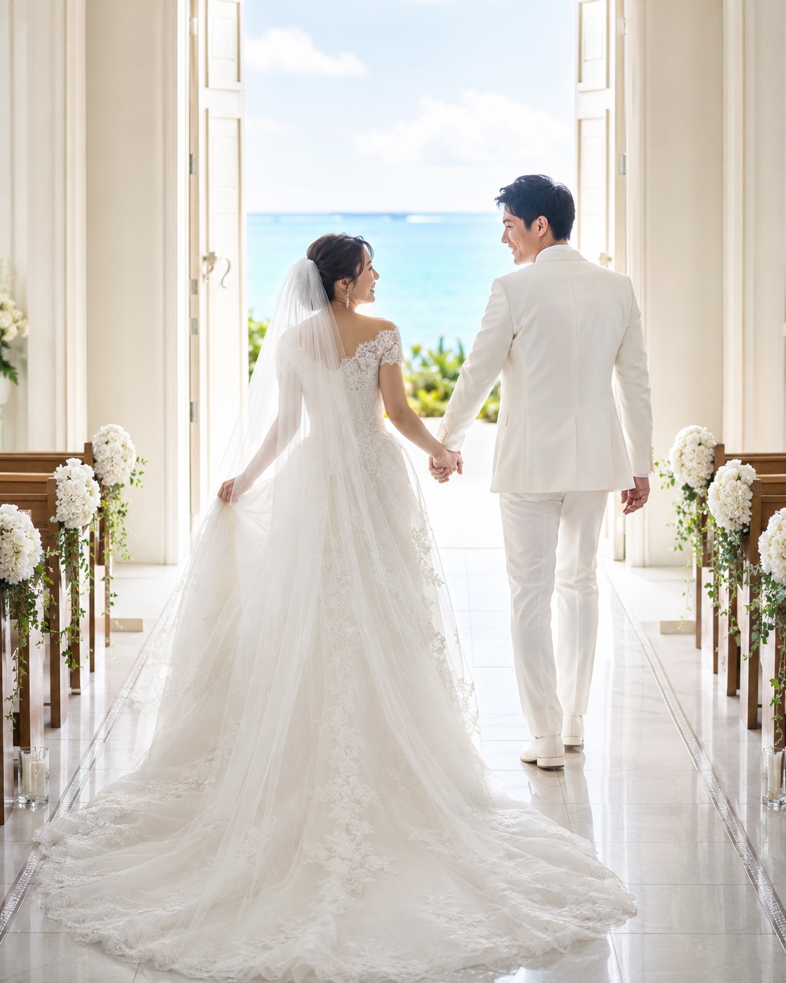 扉の光に向かって歩く新郎新婦の後ろ姿