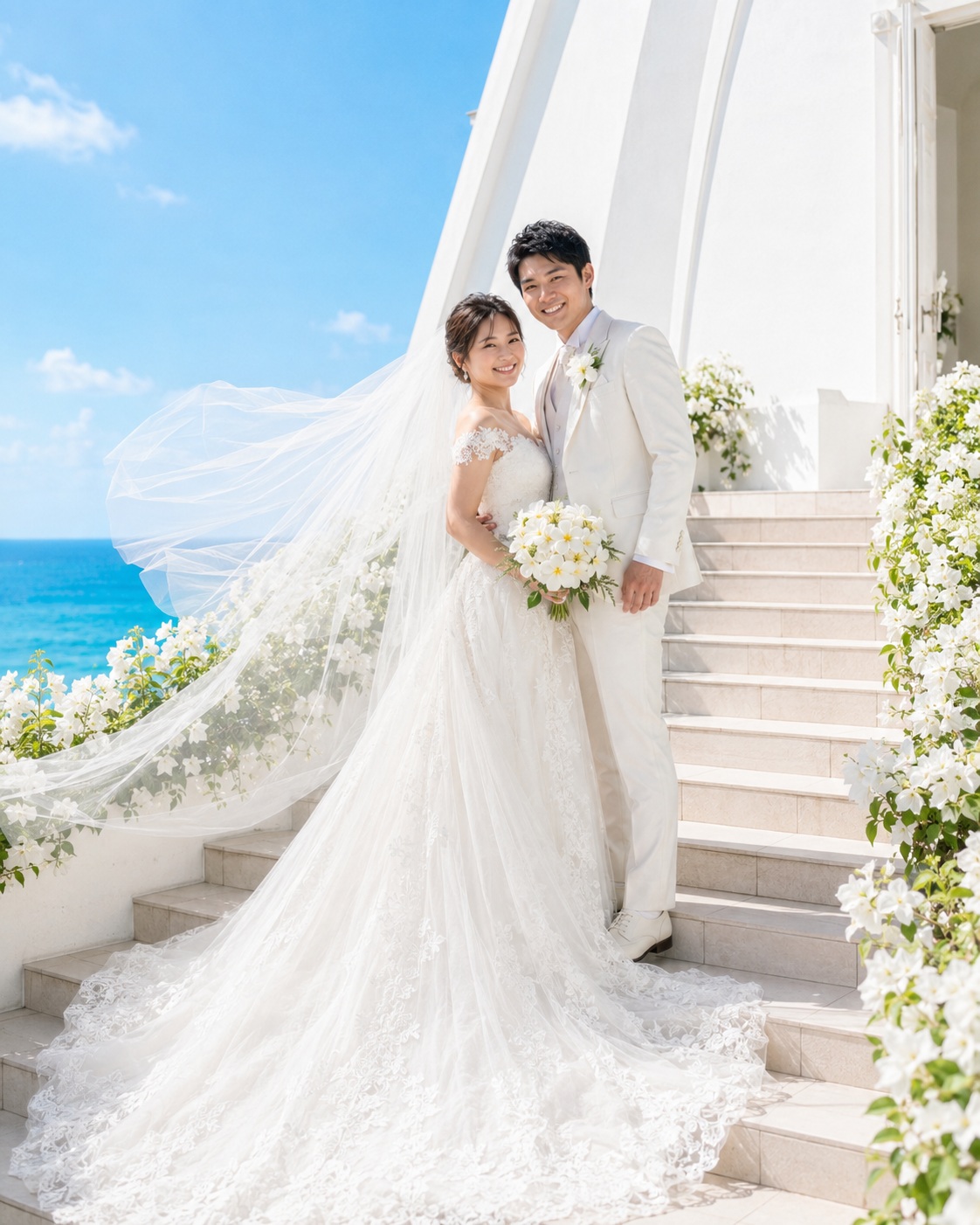 教会前の階段に立つ新郎新婦