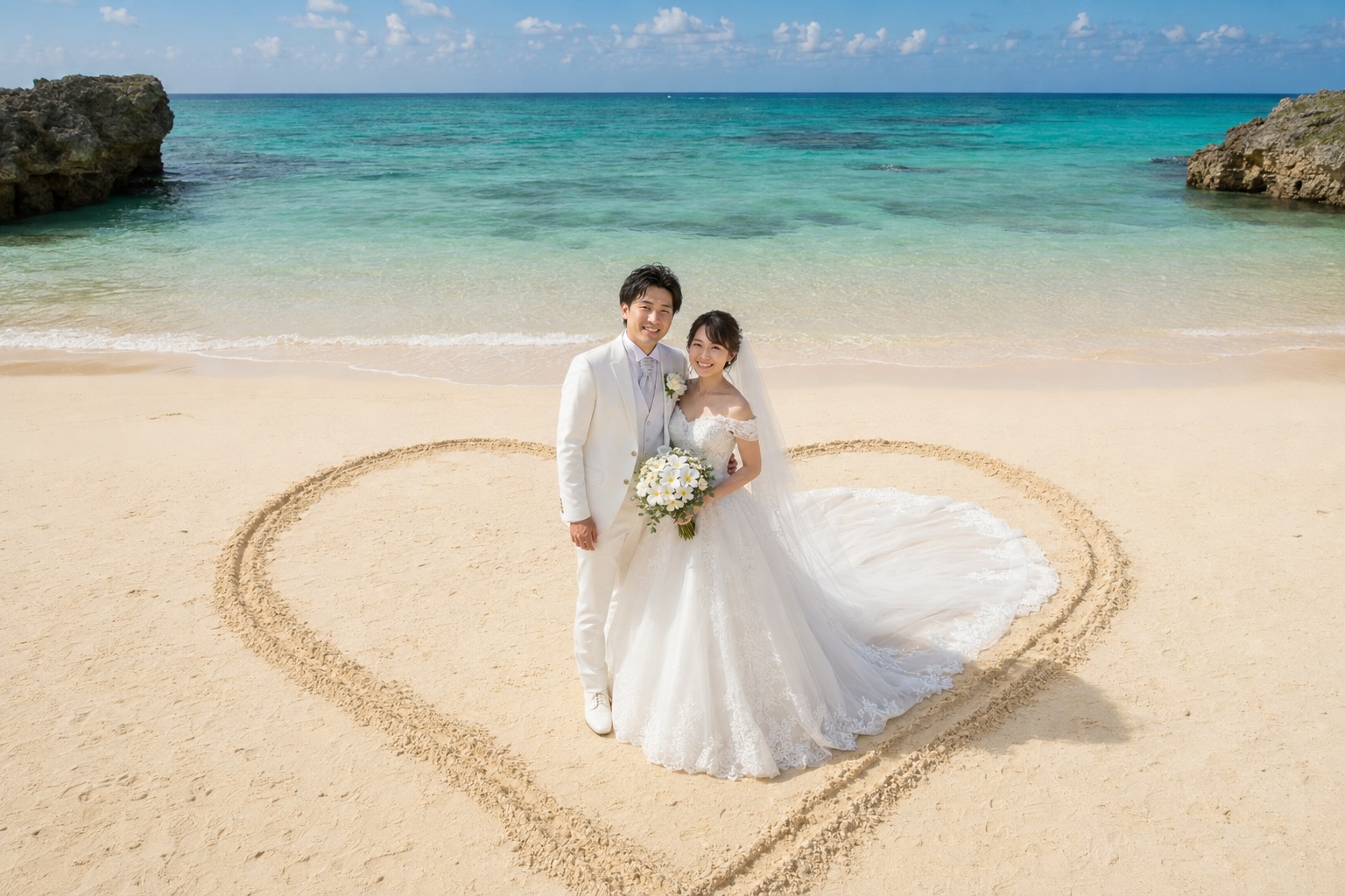 砂浜に描いたハートの中に立つ新郎新婦