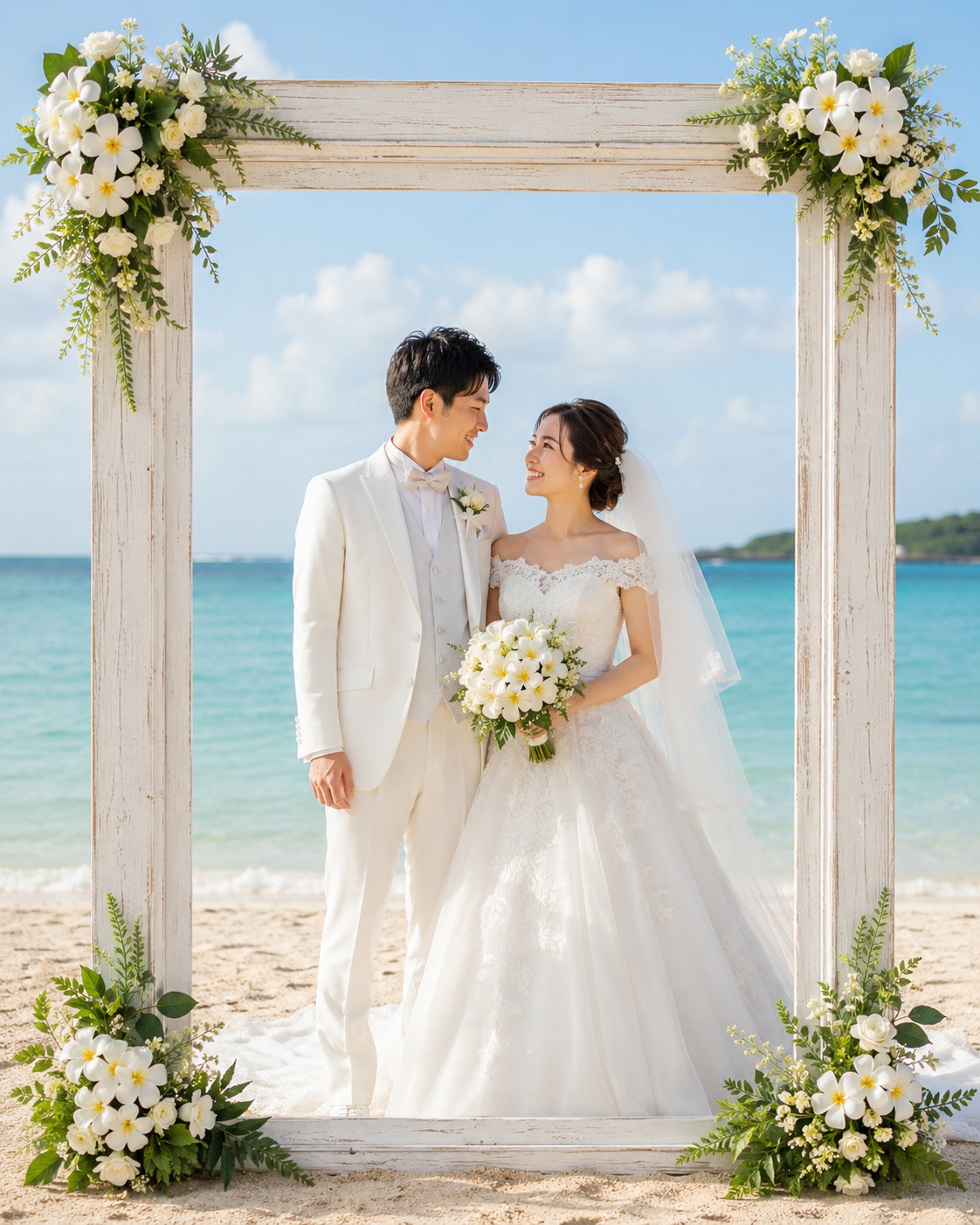 砂浜に立てた白い額縁ごしの新郎新婦