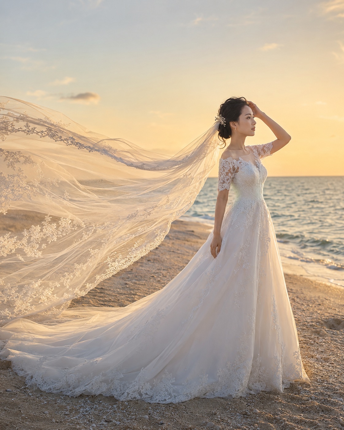海風にベールがたなびく新婦