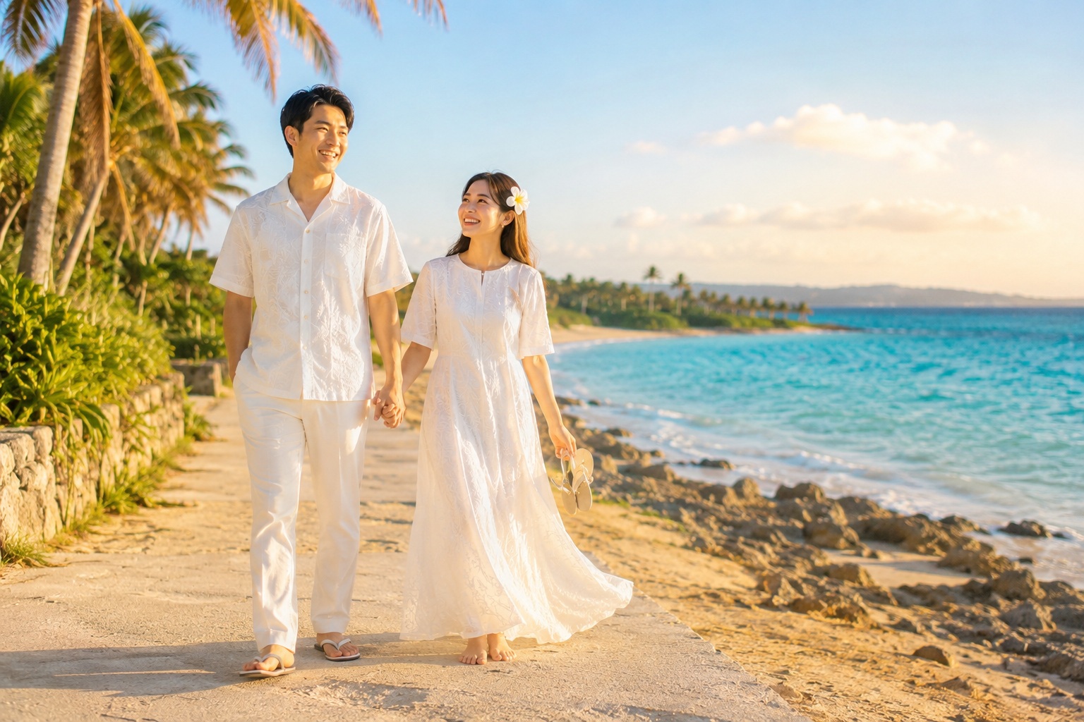 白いムームーとかりゆしウェアで浜辺を歩く二人