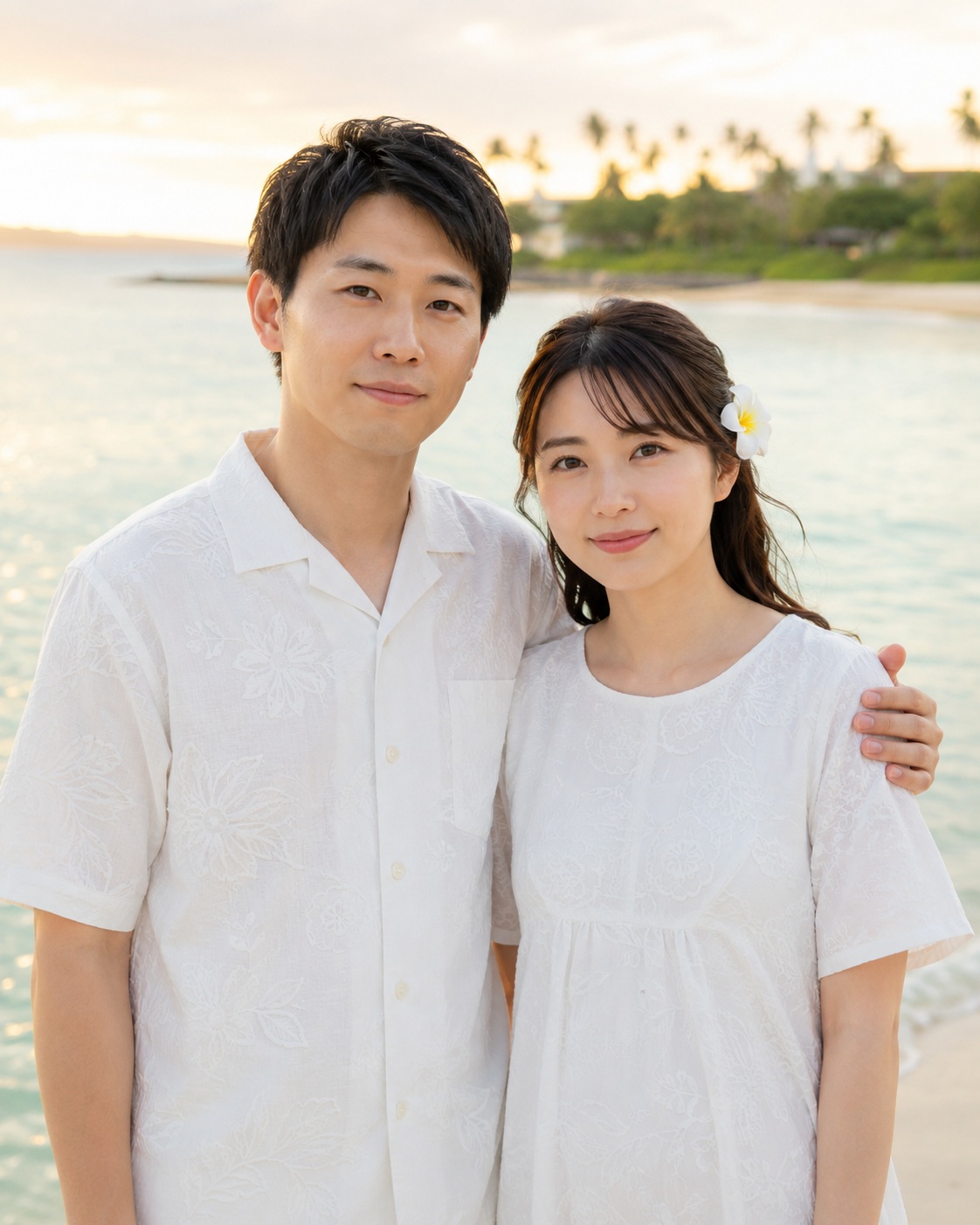 島の装いでカメラを見る葵と拓海