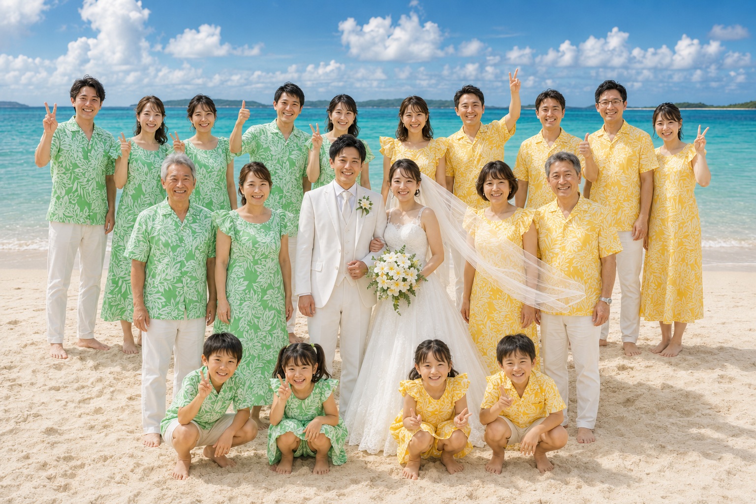 砂浜に並んだ参列者25名の集合写真