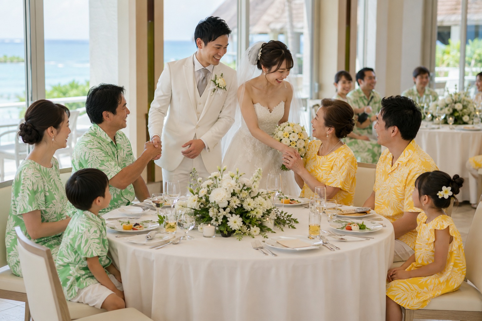 披露宴でゲストの手を握る新婦