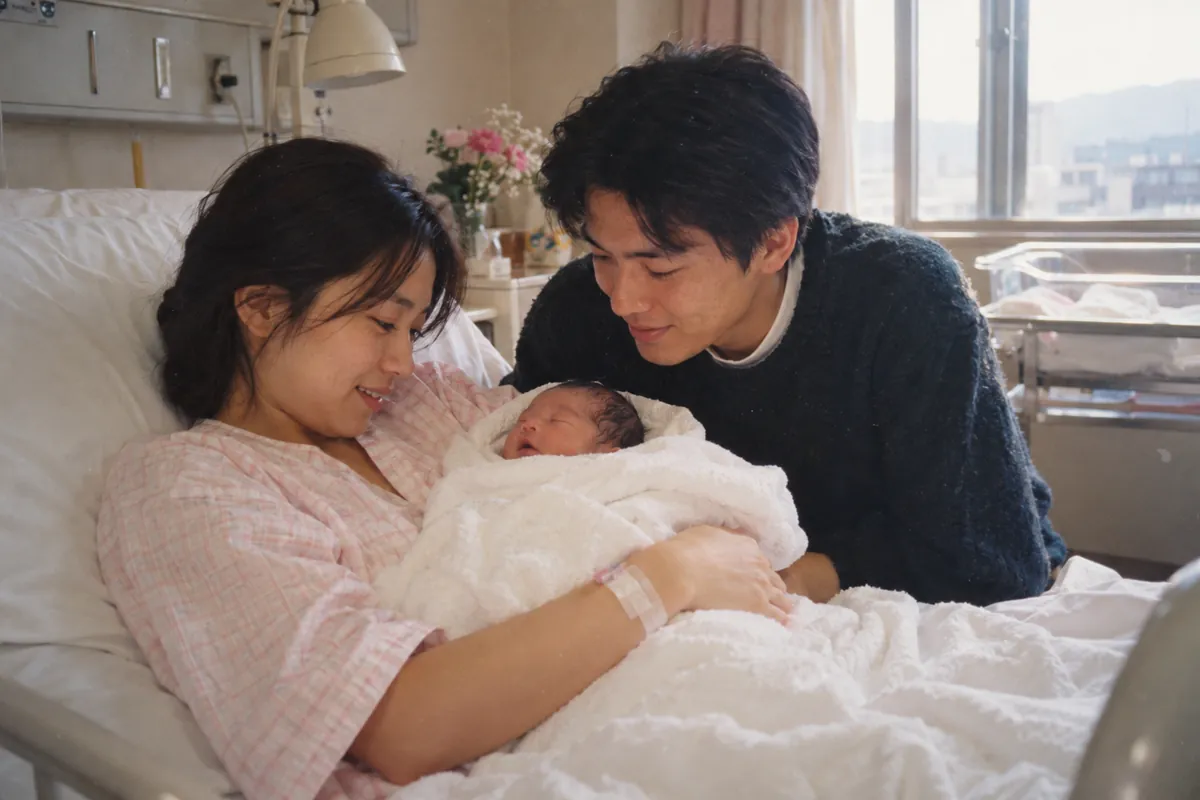 生まれた日の私。病室でお母さんに抱かれ、お父さんがのぞきこんでいる