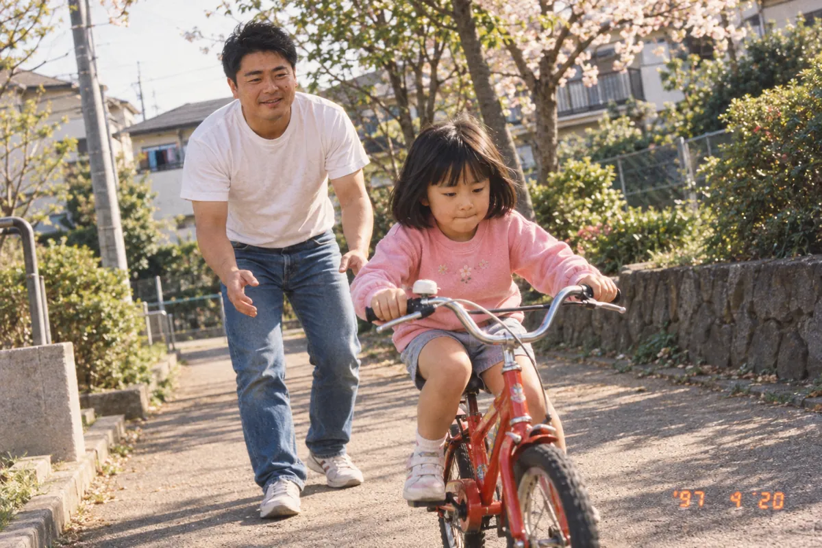 自転車の練習。手を離して、うしろから見守るお父さん