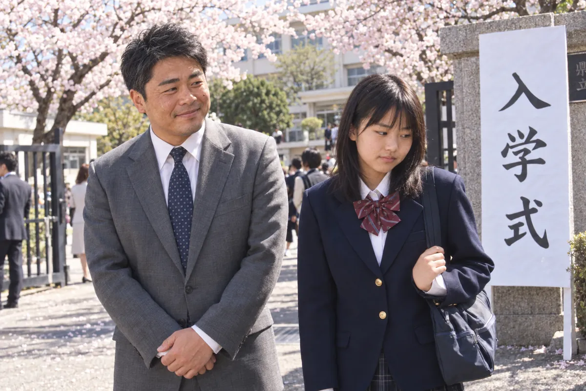 高校の入学式。校門の前に立つお父さんと私