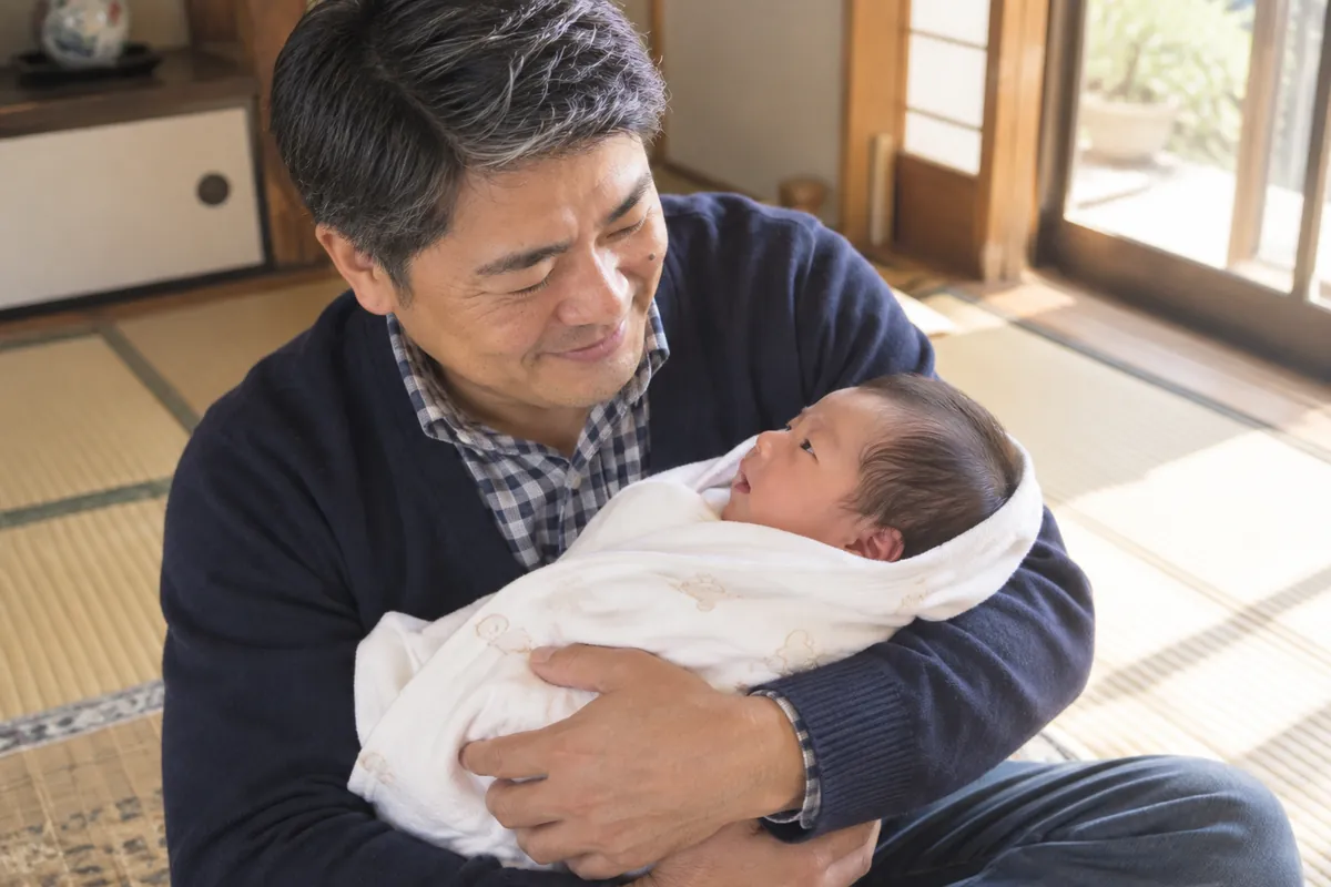 初孫を抱っこするお父さん