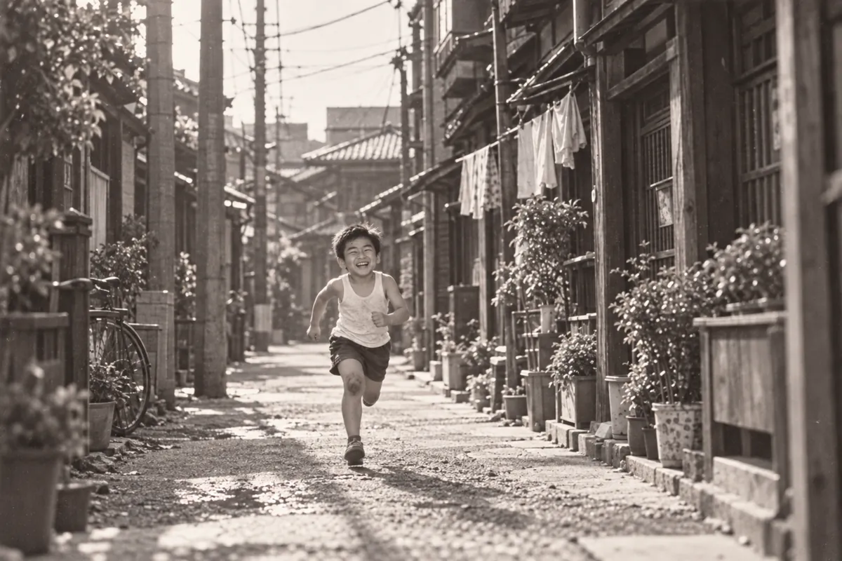 昭和40年ごろ。下町の路地を、泥だらけで走る7歳のひでお