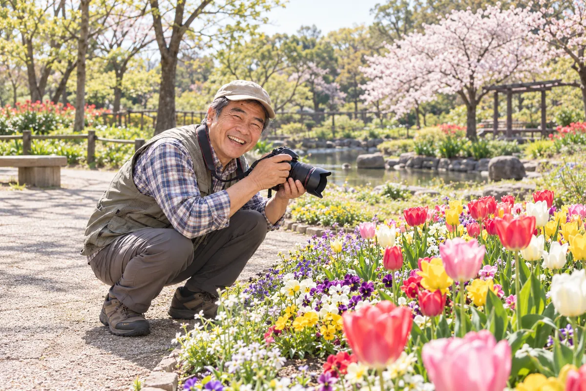 2025年。公園の花壇で、カメラを構えて笑うひでお