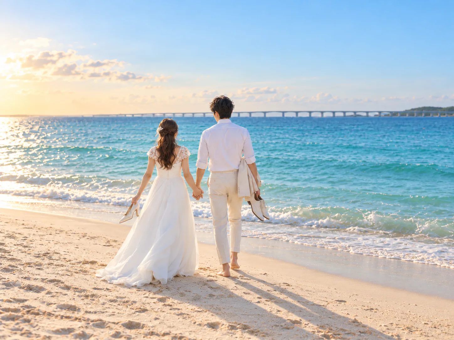 式のあと、海辺を歩く新郎新婦の後ろ姿