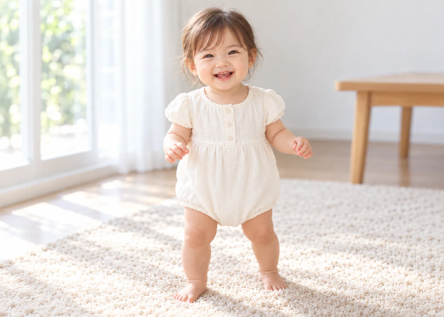 リビングでつかまり立ちをして笑う、1歳ごろの娘
