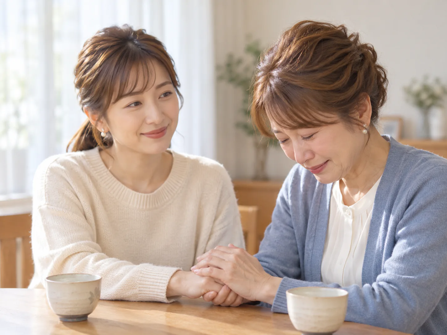 実家のダイニングで、母が娘の手を包んで泣いている