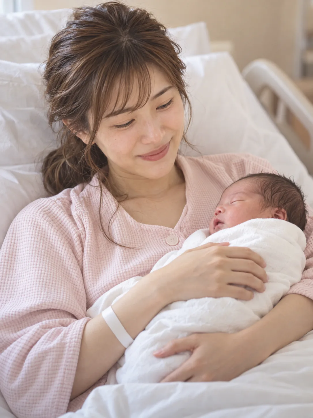 産院のベッドで生まれたばかりの娘を抱く母