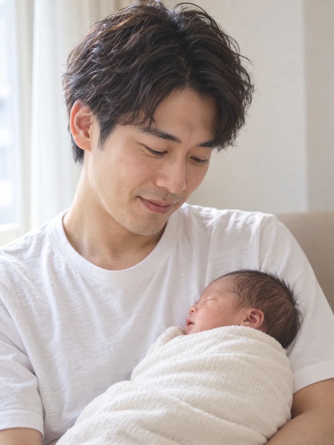 おくるみに包まれた娘を抱き、じっと見つめる夫